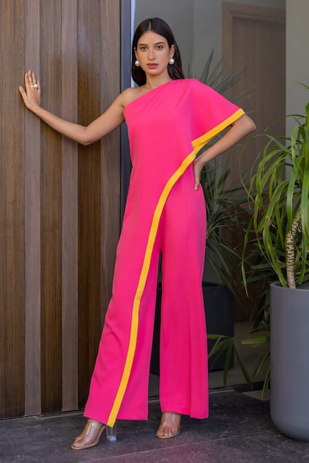 Women Plus Size Pink & Purple Floral Printed One-Shoulder Neck Sleeveless  Wide-Leg Maxi Jumpsuit - Berrylush