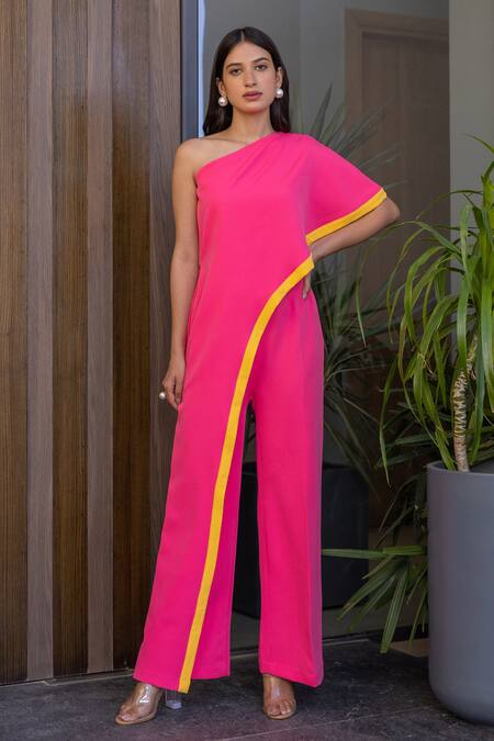 B'Infinite_Pink Crepe One Shoulder Viva Sunshine Jumpsuit_Online_at_Aza_Fashions