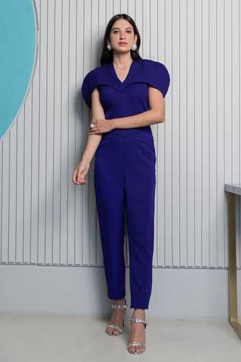 Buy_B'Infinite_Blue Crepe Pintucks V Neck Structured Pintex Jumpsuit_Online_at_Aza_Fashions