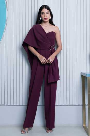 B'Infinite_Purple Crepe Plain One Shoulder Draped Jumpsuit_Online_at_Aza_Fashions