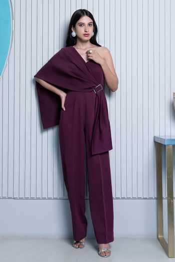 Buy_B'Infinite_Purple Crepe Plain One Shoulder Draped Jumpsuit_Online_at_Aza_Fashions