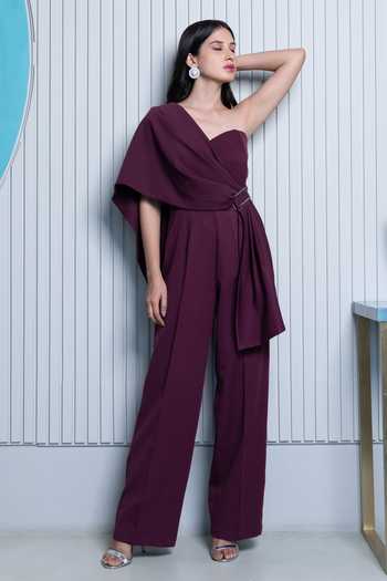 Shop_B'Infinite_Purple Crepe Plain One Shoulder Draped Jumpsuit_Online_at_Aza_Fashions