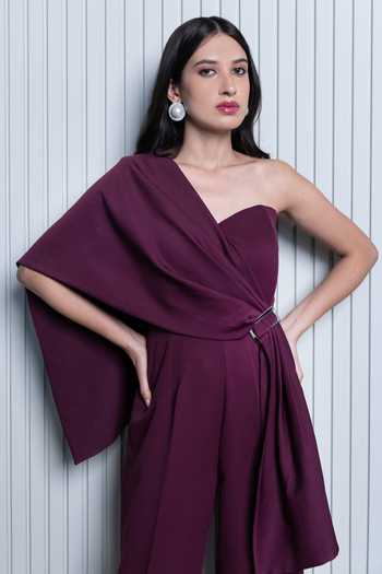B'Infinite_Purple Crepe Plain One Shoulder Draped Jumpsuit_at_Aza_Fashions