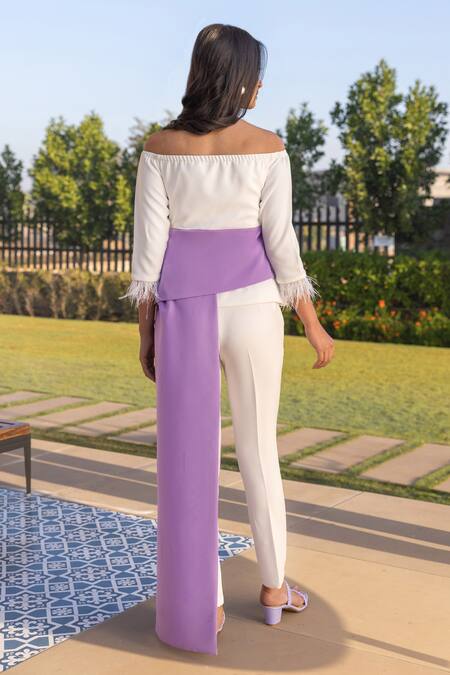 Shop B'Infinite White Crepe Embellished Feather Straight Colorblock Top And Trouser Set at Aza Fashions Shop_B'Infinite_White Crepe Embellished Feather Straight Colorblock Top And Trouser Set_at_Aza_Fashions