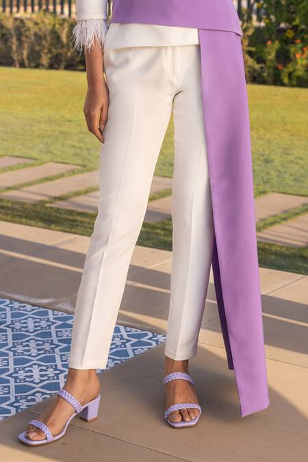B'Infinite White Crepe Embellished Feather Straight Colorblock Top And Trouser Set Online at Aza Fashions B'Infinite_White Crepe Embellished Feather Straight Colorblock Top And Trouser Set_Online_at_Aza_Fashions