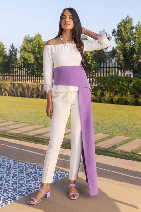 Buy B'Infinite White Crepe Embellished Feather Straight Colorblock Top And Trouser Set Online at Aza Fashions Buy_B'Infinite_White Crepe Embellished Feather Straight Colorblock Top And Trouser Set_Online_at_Aza_Fashions