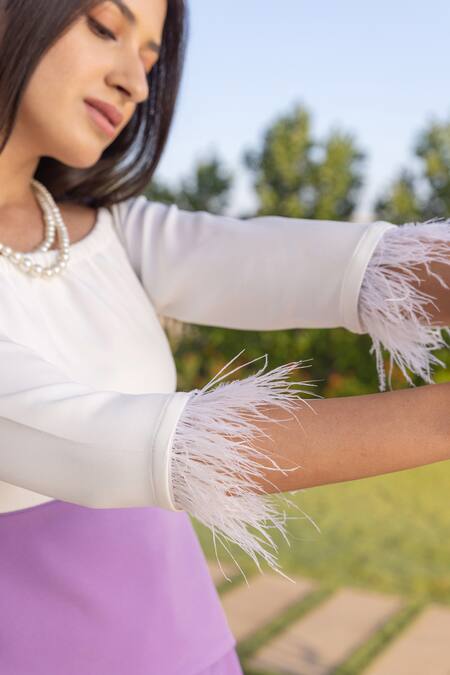 Buy B'Infinite White Crepe Embellished Feather Straight Colorblock Top And Trouser Set Buy_B'Infinite_White Crepe Embellished Feather Straight Colorblock Top And Trouser Set