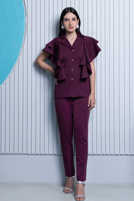 B'Infinite_Wine Crepe Plain Notched Lapel Collar Ruffle Top And Trousers Set_Online_at_Aza_Fashions