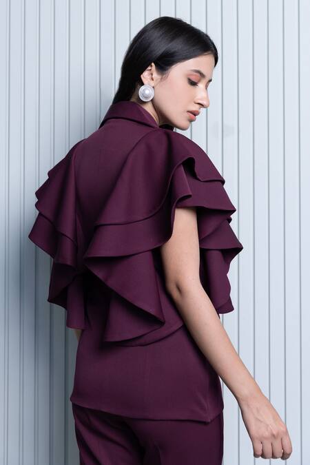 Buy_B'Infinite_Wine Crepe Plain Notched Lapel Collar Ruffle Top And Trousers Set_Online_at_Aza_Fashions