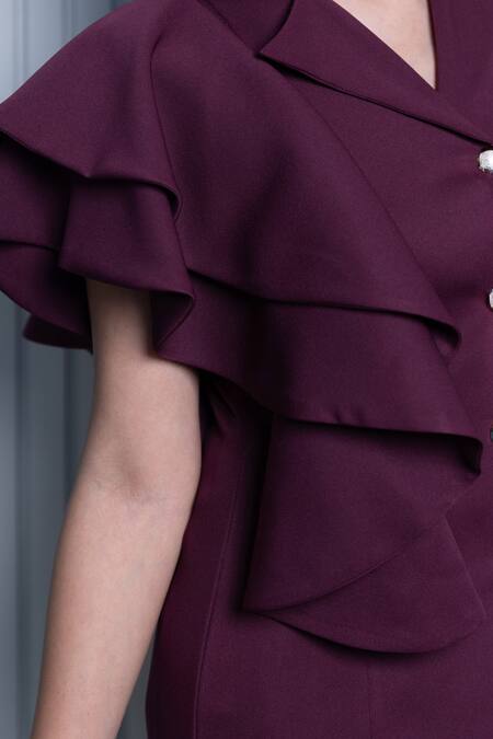Buy_B'Infinite_Wine Crepe Plain Notched Lapel Collar Ruffle Top And Trousers Set