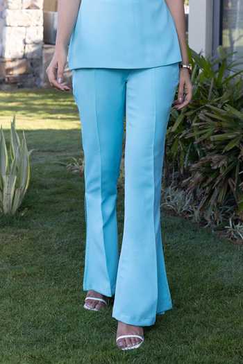 Shop_B'Infinite_Blue Crepe Plain High Neck Collar Peplum Top And Pant Set_Online_at_Aza_Fashions