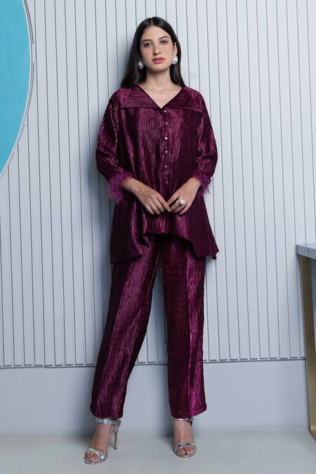 Shop B'Infinite Wine Satin Plain Spread Collar Metallic Pleated Shirt And Trouser Set at Aza Fashions Shop_B'Infinite_Wine Satin Plain Spread Collar Metallic Pleated Shirt And Trouser Set_at_Aza_Fashions