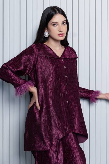 Shop B'Infinite Wine Satin Plain Spread Collar Metallic Pleated Shirt And Trouser Set Online at Aza Fashions Shop_B'Infinite_Wine Satin Plain Spread Collar Metallic Pleated Shirt And Trouser Set_Online_at_Aza_Fashions