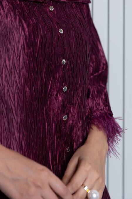 B'Infinite Wine Satin Plain Spread Collar Metallic Pleated Shirt And Trouser Set at Aza Fashions B'Infinite_Wine Satin Plain Spread Collar Metallic Pleated Shirt And Trouser Set_at_Aza_Fashions