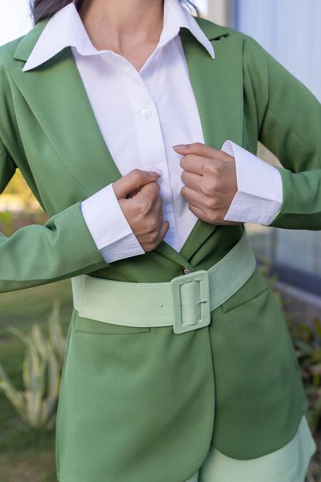 Shop_B'Infinite_Green Crepe Plain Blazer Notched Lapel Collar Basil Aquamarine Shorts Set_Online_at_Aza_Fashions
