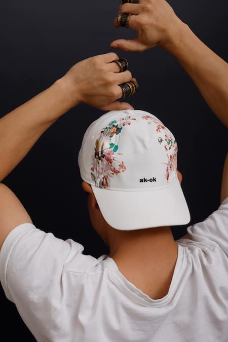 AK-OK_White Cotton Floral Print Baseball Cap _Online_at_Aza_Fashions