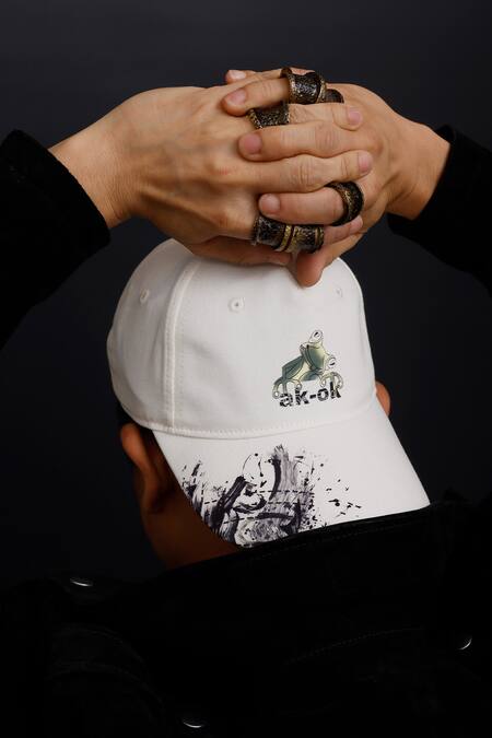 AK-OK_White Embroidery Cotton Animal Print Baseball Cap _Online_at_Aza_Fashions