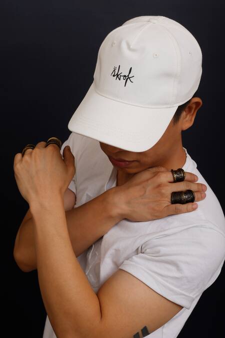 AK-OK_White Embroidery Cotton Typographic Print Baseball Cap _Online_at_Aza_Fashions