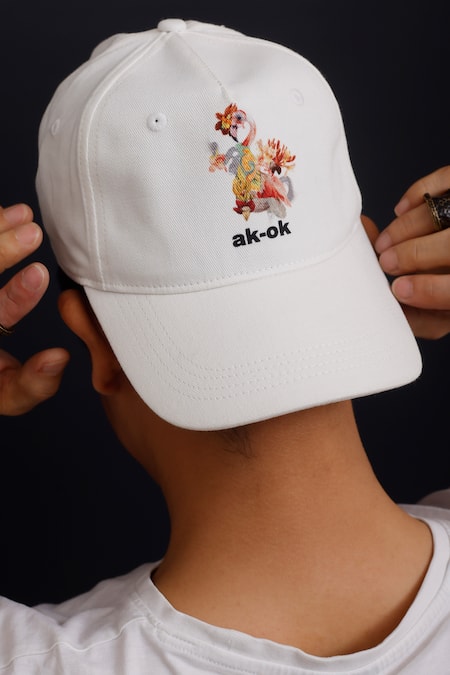 AK-OK_White Embroidery Animal Print Baseball Cap _Online_at_Aza_Fashions