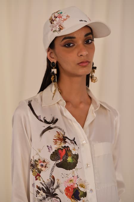 Buy_AK-OK_White Printed Cotton Floral Baseball Cap _Online_at_Aza_Fashions