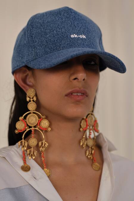 Shop AK-OK Blue Embroidery Denim Typographic Print Baseball Cap at Aza Fashions Shop_AK-OK_Blue Embroidery Denim Typographic Print Baseball Cap_at_Aza_Fashions