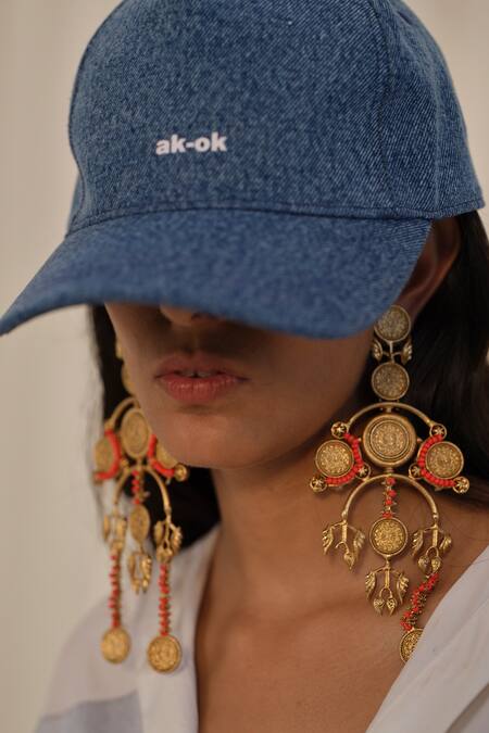 AK-OK Blue Embroidery Denim Typographic Print Baseball Cap Online at Aza Fashions AK-OK_Blue Embroidery Denim Typographic Print Baseball Cap_Online_at_Aza_Fashions