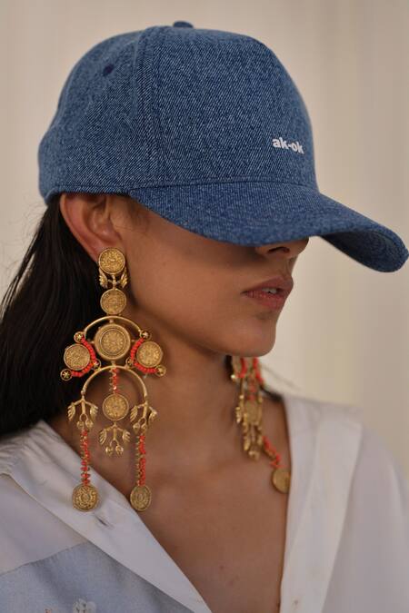 Shop AK-OK Blue Embroidery Denim Typographic Print Baseball Cap Online at Aza Fashions Shop_AK-OK_Blue Embroidery Denim Typographic Print Baseball Cap_Online_at_Aza_Fashions