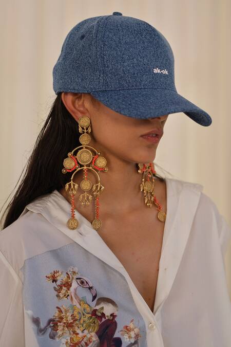 AK-OK Blue Embroidery Denim Typographic Print Baseball Cap at Aza Fashions AK-OK_Blue Embroidery Denim Typographic Print Baseball Cap_at_Aza_Fashions