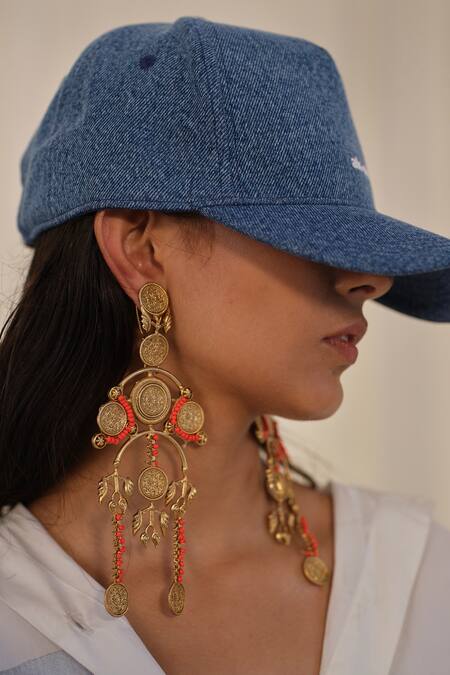 Buy AK-OK Blue Embroidery Denim Typographic Print Baseball Cap Buy_AK-OK_Blue Embroidery Denim Typographic Print Baseball Cap