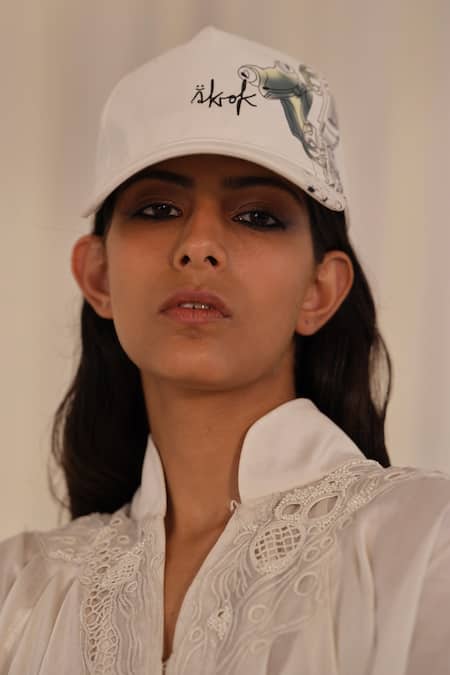 Shop AK-OK White Embroidery Animal Print Cotton Baseball Cap at Aza Fashions Shop_AK-OK_White Embroidery Animal Print Cotton Baseball Cap _at_Aza_Fashions