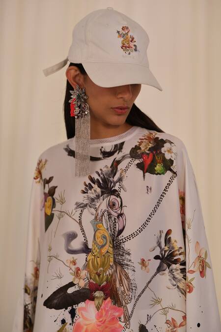 AK-OK_White Embroidery Animal Print Baseball Cap _Online_at_Aza_Fashions