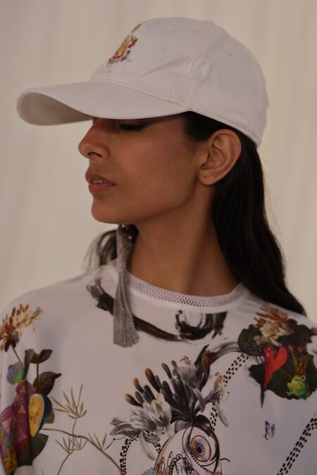 Shop_AK-OK_White Embroidery Animal Print Baseball Cap _Online_at_Aza_Fashions