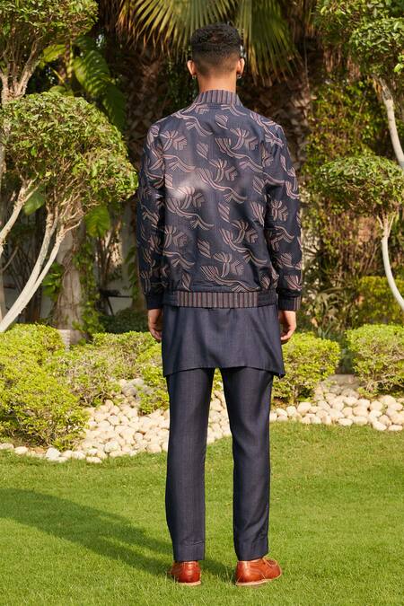 Shop Bohame Blue Cotton, Silk, Tussar Embroidery Nur Floral Bomber Jacket Kurta Set at Aza Fashions Shop_Bohame_Blue Cotton, Silk, Tussar Embroidery Nur Floral Bomber Jacket Kurta Set_at_Aza_Fashions
