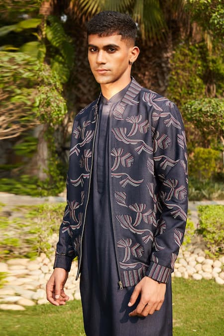 Bohame Blue Cotton, Silk, Tussar Embroidery Nur Floral Bomber Jacket Kurta Set Online at Aza Fashions Bohame_Blue Cotton, Silk, Tussar Embroidery Nur Floral Bomber Jacket Kurta Set_Online_at_Aza_Fashions