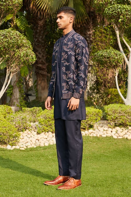 Buy Bohame Blue Cotton, Silk, Tussar Embroidery Nur Floral Bomber Jacket Kurta Set Online at Aza Fashions Buy_Bohame_Blue Cotton, Silk, Tussar Embroidery Nur Floral Bomber Jacket Kurta Set_Online_at_Aza_Fashions