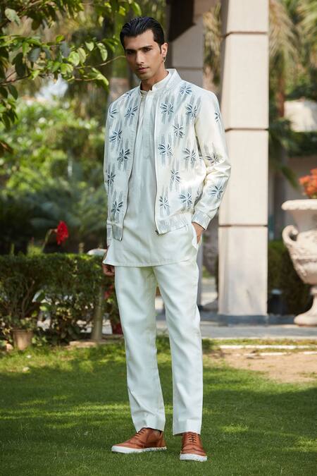 Bohame_Off White Cotton, Silk, Tussar Zaire Abstract Floral Bomber Jacket Kurta Set_Online_at_Aza_Fashions