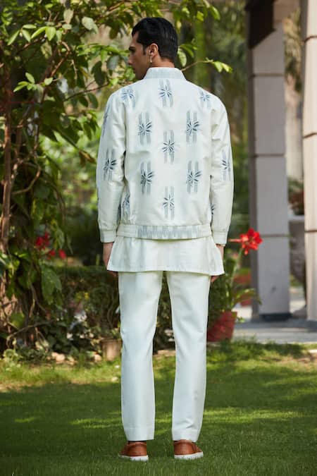 Shop_Bohame_Off White Cotton, Silk, Tussar Zaire Abstract Floral Bomber Jacket Kurta Set_Online_at_Aza_Fashions