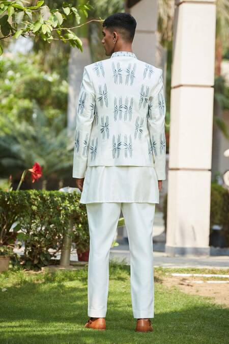 Shop_Bohame_Off White Cotton, Silk, Tussar Embroidery Lyre Floral Jacket Kurta Set_at_Aza_Fashions