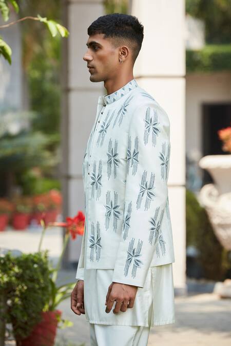 Bohame_Off White Cotton, Silk, Tussar Embroidery Lyre Floral Jacket Kurta Set_Online_at_Aza_Fashions