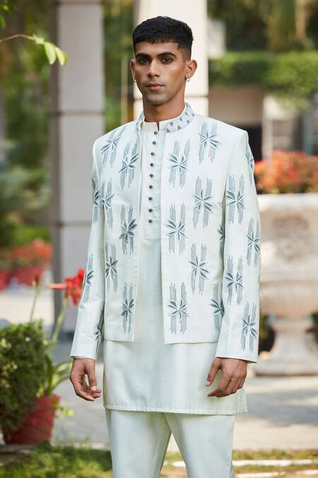 Shop_Bohame_Off White Cotton, Silk, Tussar Embroidery Lyre Floral Jacket Kurta Set_Online_at_Aza_Fashions