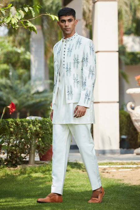 Bohame_Off White Cotton, Silk, Tussar Embroidery Lyre Floral Jacket Kurta Set_at_Aza_Fashions