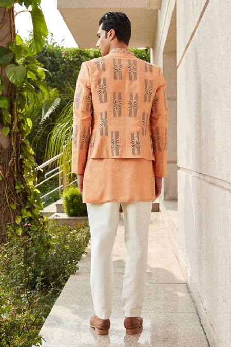 Shop Bohame Gold Cotton, Silk, Tussar Embroidery Rohaan Blossom Jacket Kurta Set at Aza Fashions Shop_Bohame_Gold Cotton, Silk, Tussar Embroidery Rohaan Blossom Jacket Kurta Set_at_Aza_Fashions