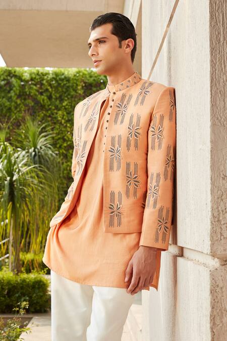 Bohame Gold Cotton, Silk, Tussar Embroidery Rohaan Blossom Jacket Kurta Set Online at Aza Fashions Bohame_Gold Cotton, Silk, Tussar Embroidery Rohaan Blossom Jacket Kurta Set_Online_at_Aza_Fashions
