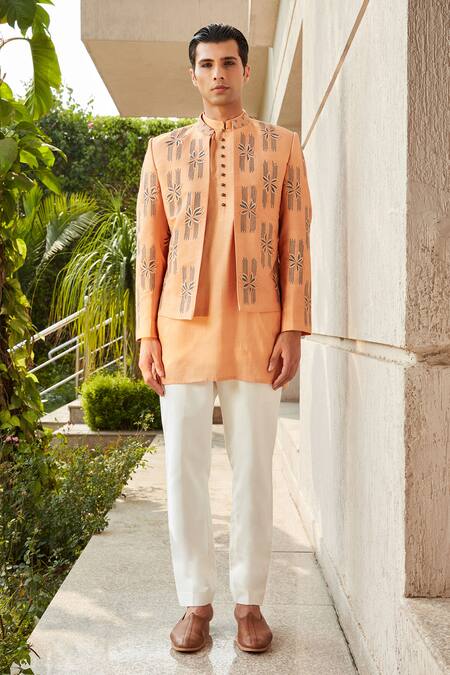 Buy Bohame Gold Cotton, Silk, Tussar Embroidery Rohaan Blossom Jacket Kurta Set Online at Aza Fashions Buy_Bohame_Gold Cotton, Silk, Tussar Embroidery Rohaan Blossom Jacket Kurta Set_Online_at_Aza_Fashions