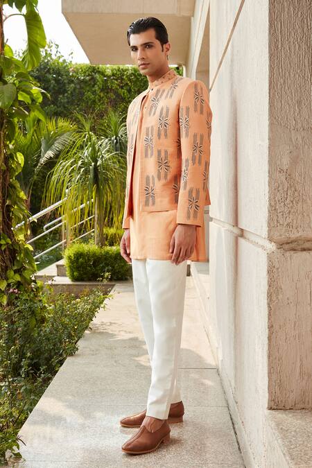 Shop Bohame Gold Cotton, Silk, Tussar Embroidery Rohaan Blossom Jacket Kurta Set Online at Aza Fashions Shop_Bohame_Gold Cotton, Silk, Tussar Embroidery Rohaan Blossom Jacket Kurta Set_Online_at_Aza_Fashions
