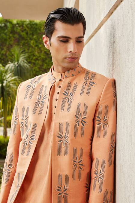Bohame Gold Cotton, Silk, Tussar Embroidery Rohaan Blossom Jacket Kurta Set at Aza Fashions Bohame_Gold Cotton, Silk, Tussar Embroidery Rohaan Blossom Jacket Kurta Set_at_Aza_Fashions