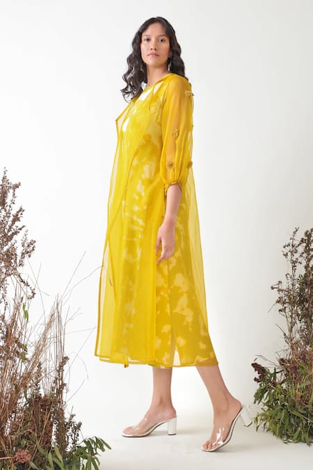 Buy_Chambray & CO._Green Organza, Silk Pom-poms Collared Autumn Jacket And Tie Dye Dress Set _Online_at_Aza_Fashions