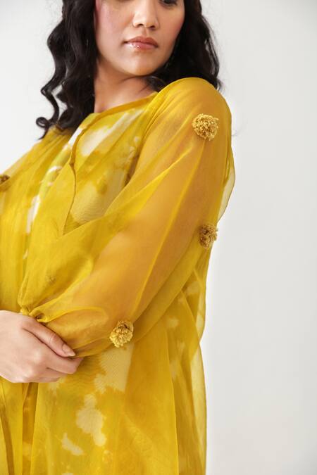 Shop_Chambray & CO._Green Organza, Silk Pom-poms Collared Autumn Jacket And Tie Dye Dress Set _Online_at_Aza_Fashions