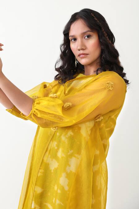 Chambray & CO._Green Organza, Silk Pom-poms Collared Autumn Jacket And Tie Dye Dress Set _at_Aza_Fashions