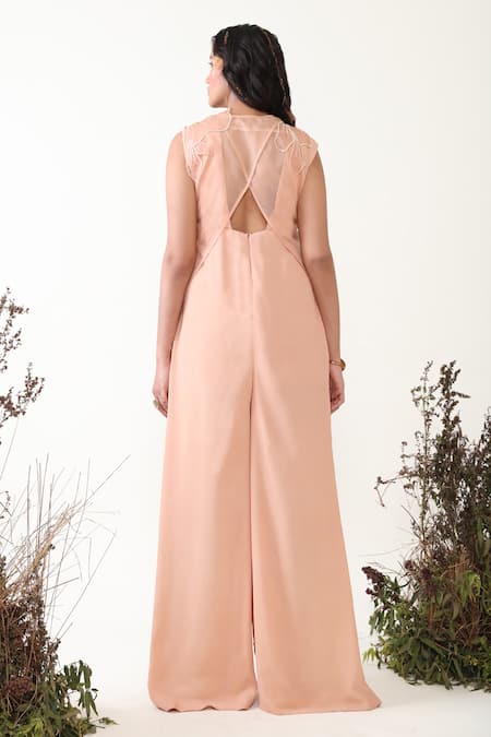 Shop Chambray & CO. Beige Organza, Silk Embroidery Boat Neck, High Gaia Jumpsuit With Thread Jacket at Aza Fashions Shop_Chambray & CO._Beige Organza, Silk Embroidery Boat Neck, High Gaia Jumpsuit With Thread Jacket _at_Aza_Fashions
